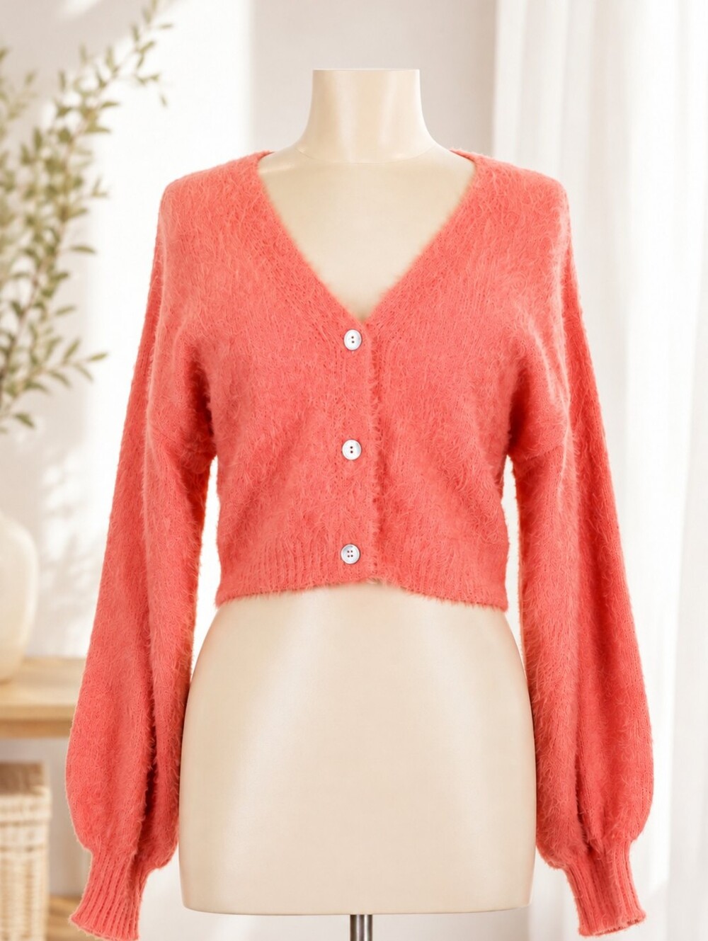 Double Zero Button Up Coral Pink Fuzzy V-Neck Cropped Cardigan Size Lovely Large